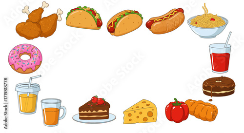 A colorful assortment of delicious fast food and sweet treats arranged in a circular border around a blank space for text or images
