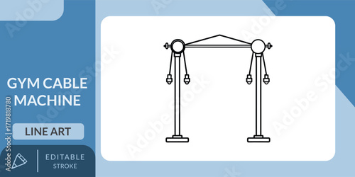A clean, minimalist line art icon of a gym cable machine. Perfect for designs related to fitness, health, and exercise.