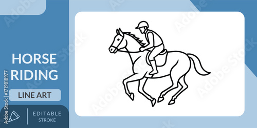 A simple, elegant line art icon of a person riding a horse. Ideal for equestrian, sports, or leisure-themed designs.
