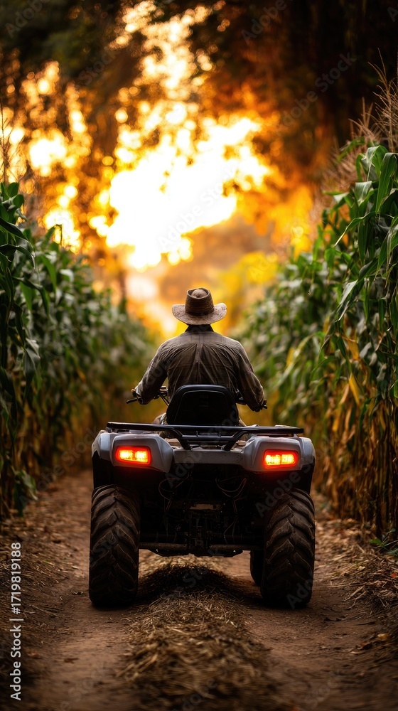Fototapeta premium Man on atv in cornfield at sunset