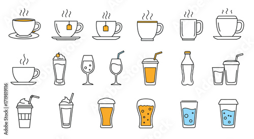 Collection of refreshing beverage icons including hot drinks, cold beverages, and alcoholic drinks