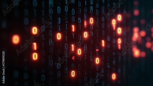 Glowing red binary numbers indicating errors or alerts moving through a grid of blue digital data, symbolizing cybersecurity threats, system failures, or corrupted information within a network