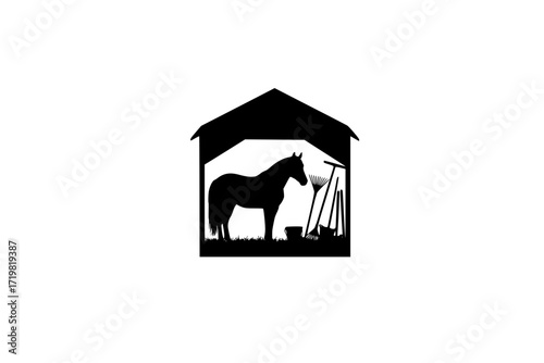 Silhouette of a horse in a barn with gardening tools including a rake and shovel inside the structure | editable eps vectors

