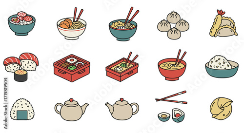 Flat line icon set of traditional Japanese cuisine. A colorful culinary graphics collection with ramen, sushi, tempura, and onigiri