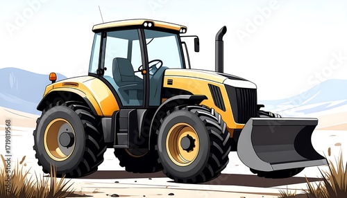 Yellow tractor in a desert landscape