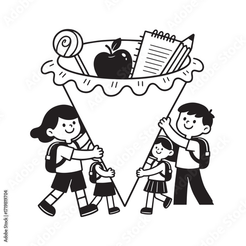 Wallpaper Mural A black and white vector illustration of a large paper funnel with four children holding it with both hands. Torontodigital.ca