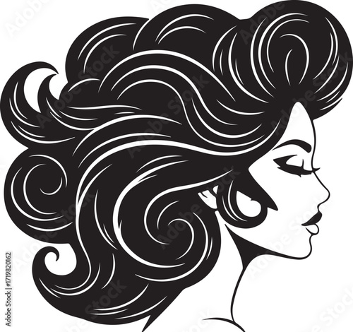 Profile of a woman with voluminous curly hair and closed eyes silhouette face