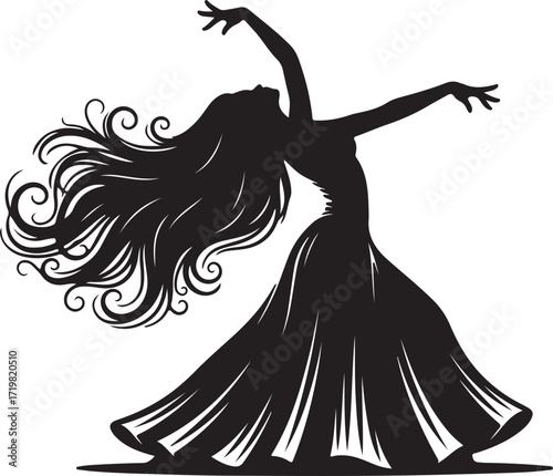 Silhouette of a dancer with long flowing hair and a wide skirt Keywords: dancer, silhouette, dancing, movement