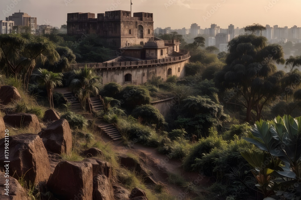 Fototapeta premium Fort on Worli Hill, Mumbai, sunny realism style, subject on left, ample copy space on right, clear positioning, suitable for photo.