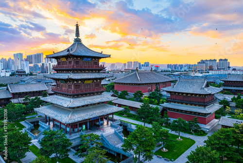 Aerial photography of Huayan Temple in Datong, Shanxi, China on a sunny summer day with fiery clouds