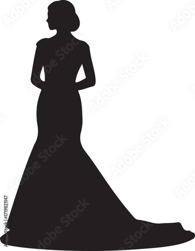Silhouette of a woman in a flowing ball gown with a train on a white background female