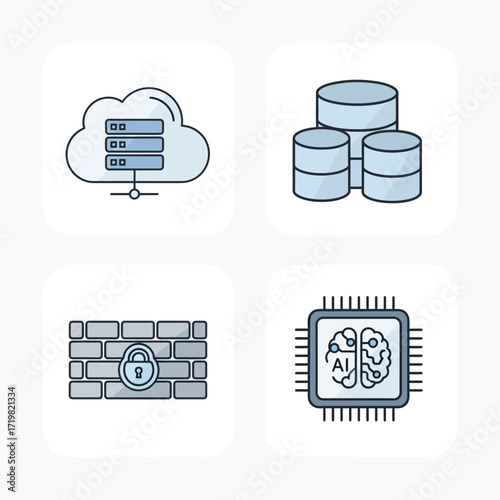 Cloud server, database, firewall, and AI chip represent data security and processing in a modern technology environment, conveying a sense of innovation and protection.