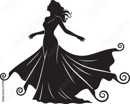 Silhouette of a woman in a flowing gown with arms outstretched dress
