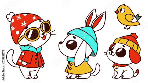 Seasonal Pets Sticker Icon Set – Cute Cats, Dogs, Rabbits and Birds in Winter Hats, Sunglasses, Raincoats and Festive Outfits, Kawaii Cartoon Vector Pack