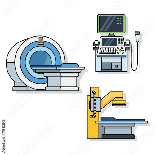 Medical equipment scans patients in hospital radiology department for diagnosis and treatment, showcasing modern healthcare technology and precision medicine.