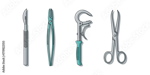Surgical instruments displayed on white background for medical procedures and healthcare, showing sterile tools for precise operations in a clinical setting.