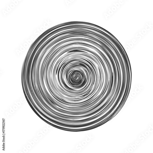 A striking black-and-white art piece features a vortex with tightly compressed concentric rings that spiral inward. The rough, hand-drawn lines create a dynamic and textured visual experience.