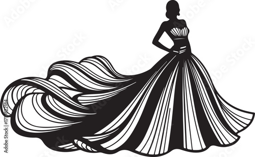 Silhouette of a woman in a dramatic ball gown with a flowing train female