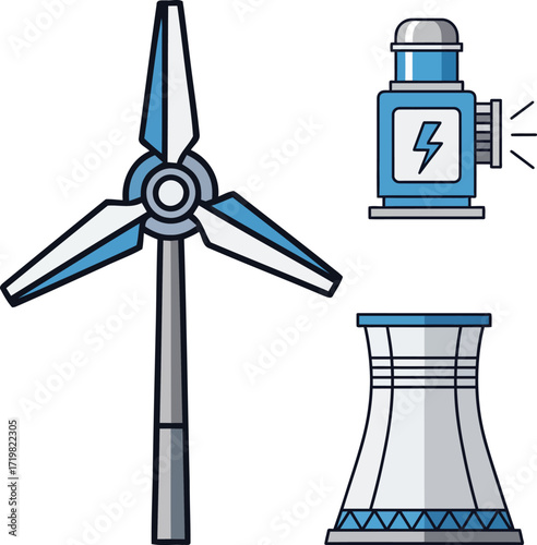 Wind turbine, generator, and nuclear power plant representing different energy sources for electricity production in a modern, clean, and efficient way.