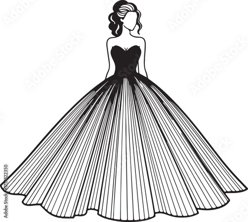 Silhouette of a woman in a voluminous ball gown with detailed lines dress