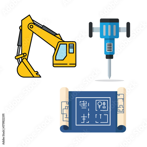 Construction equipment and blueprints displayed on white background representing building and development projects, showcasing precision and planning.