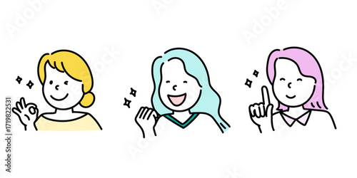 色んなポーズをする笑っている女性のイラストセット
