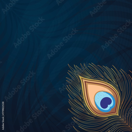 Elegant background with a traditional peacock feather. Dark blue and gold vector design for invitations.