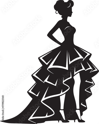 Silhouette of a woman in a voluminous tiered ball gown with a dramatic train female