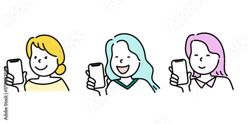 スマホを持って喜ぶ女性のイラストセット
