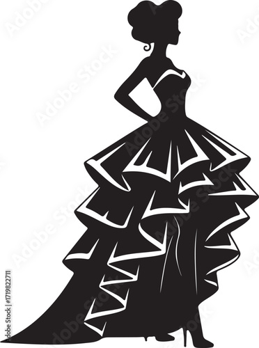 Silhouette of elegant woman in a voluminous ruffled ball gown with train female fashion