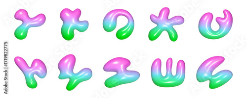 A creative arrangement of abstract 3d liquid shapes demonstrates vibrant colors and reflective surfaces. The shapes vary in form, showcasing fluidity and artistic innovation.