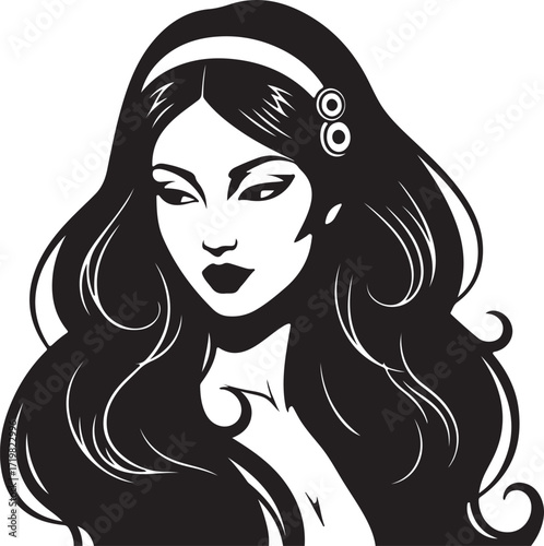 Stylized portrait of a woman with long wavy hair and dramatic makeup Keywords: woman, portrait, stylized