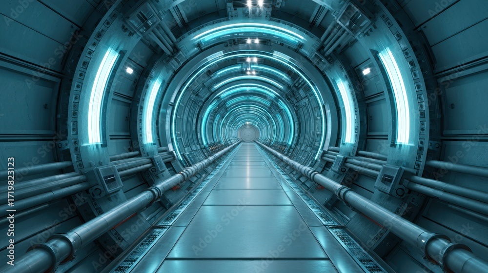 Obraz premium Futuristic Sci-Fi Tunnel Interior with Neon Lights and Metallic Structures, Perfect for Technology or Adventure Themes in Concept Art and Design Projects