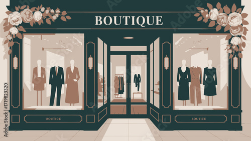 Elegant boutique storefront with floral accents and chic apparel displays, a stylish destination for fashion inspiration, perfect for retail and design concepts