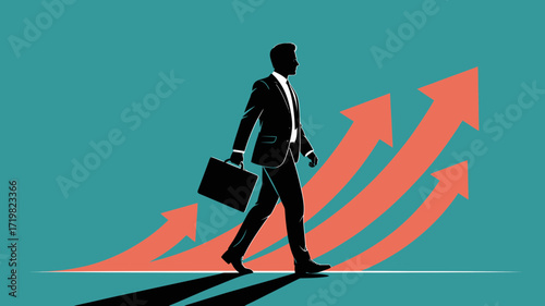 Ambitious businessman strides confidently towards success, navigating upward trends with determination and vision, embodying growth and achievement, leadership