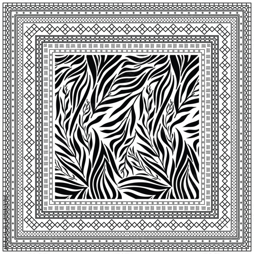 A Black and white square scarf print patterned artwork featuring tropical leaves framed by intricate geometric borders.