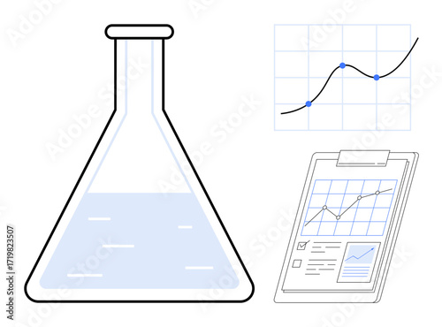 Conical flask partially filled with liquid, line graph and clipboard highlighting growth trends. Ideal for science, research, analytics, education, progress, innovation, and data visualization