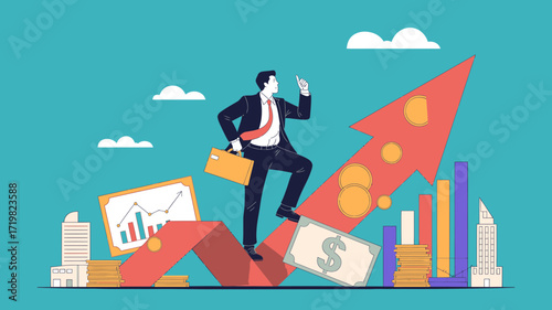Confident businessman climbing arrow pointing upward towards financial success and growth, a modern illustration symbolizing ambition and achievement