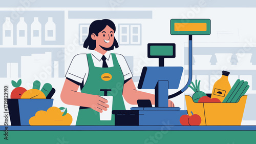 Friendly cashier assisting customer at checkout with fresh produce and groceries, embodying local market charm and community spirit, a vibrant and modern illustration