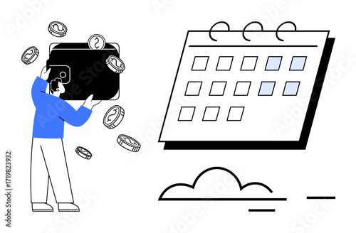 Person holding wallet with coins representing financial management, next to a calendar symbolizing time planning. Ideal for money planning, saving, budgeting, financial goals, time management