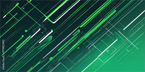 A digital tech concept featuring a green printed circuit board with computer hardware, a processor chip, and electronic components creating an abstract design