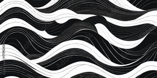 A striking seamless zebra print pattern with black and white wavy lines creates a wild, abstract geometric design