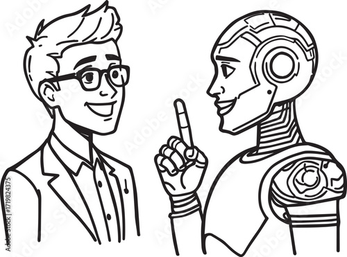 Minimal black-and-white line art of a smiling human and friendly robot raising one finger together. Represents AI-human collaboration, guidance, and technology. EPS-ready vector ideal for education,