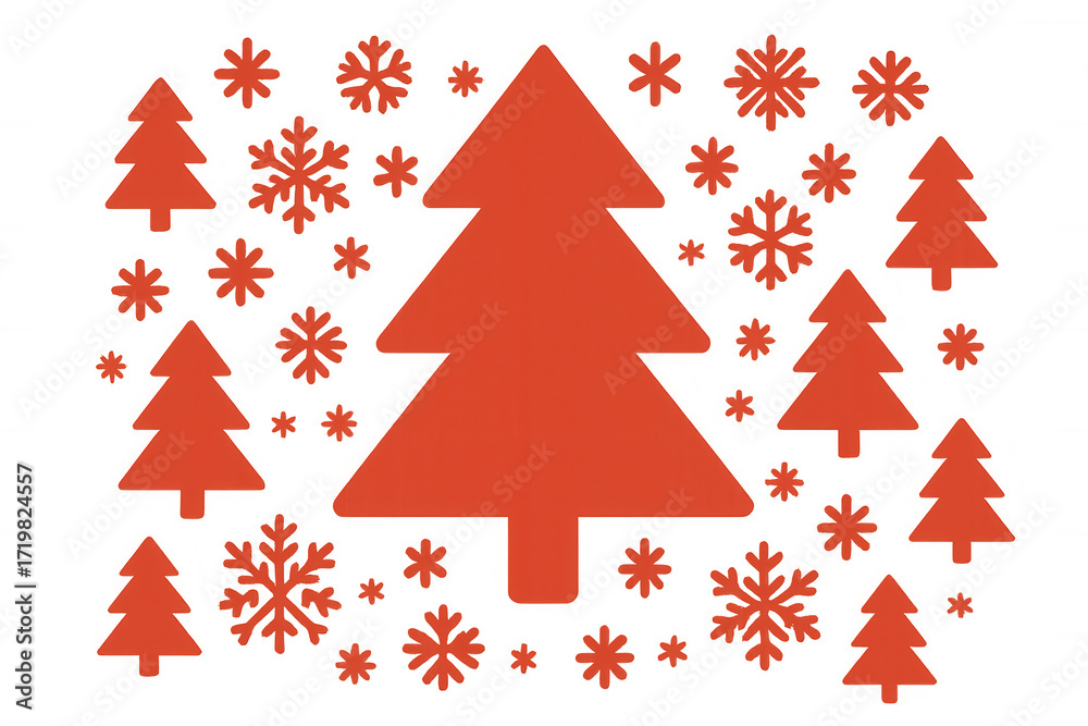 Obraz premium Red christmas trees and snowflakes on transparent background, winter holiday vector illustration