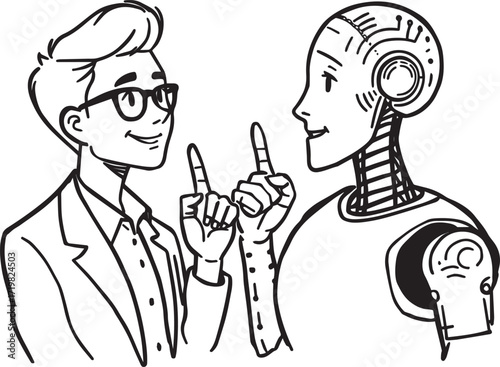 Minimal black-and-white line art of a smiling human and friendly robot raising one finger together. Represents AI-human collaboration, guidance, and technology. EPS-ready vector ideal for education,