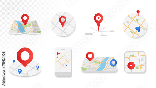 Maps with location pin icons set. Folded city map, GPS navigation, route, direction pointer, and location search. Realistic 3D vector illustration.
