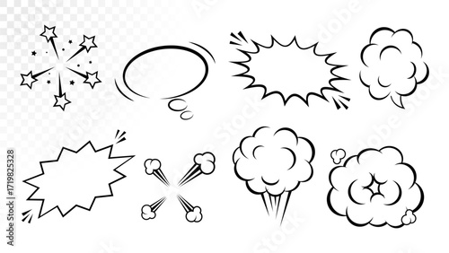 Collection of comic speech bubbles and explosion elements. Hand drawn smoke, stars, burst, and cloud shapes for comics and design. Vector illustration.