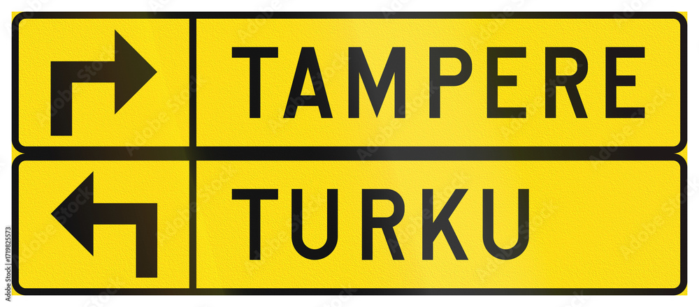Obraz premium Historic road sign in Finland - Detour navigation sign to Tampere and Turku (1994-2020)