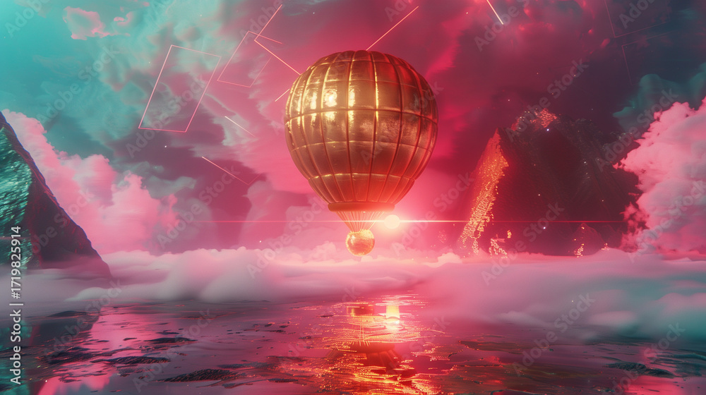 Obraz premium Golden Hot Air Balloon in a Surreal Dreamscape