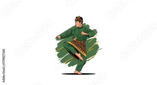 Vector illustration of a silat martial arts dancer with a dynamic pose, showcasing traditional clothing and movement, representing cultural heritage and athleticism